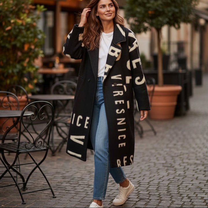 Taggie Graphic Print Overcoat in Black | One Size