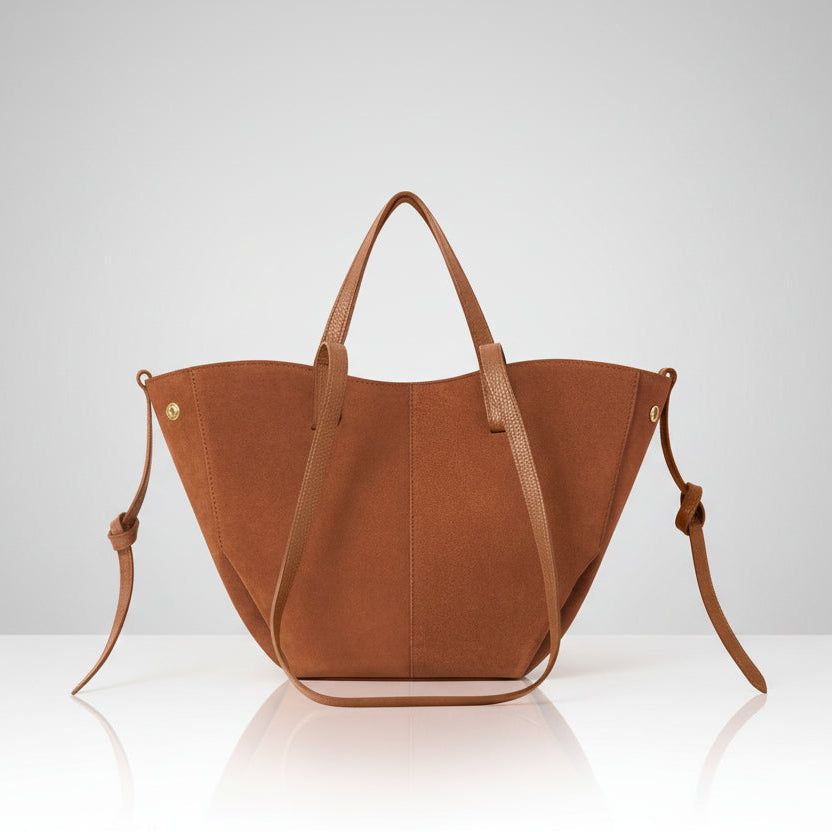 Soho Midi Tan Suede Tote Bag with dual grab handles and long shoulder straps on a white background