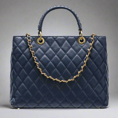 Lucca Quilted Leather Tote Bag in Navy