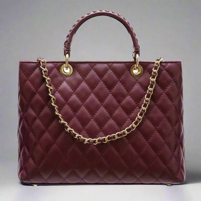 Lucca Quilted Leather Tote Bag in Burgundy
