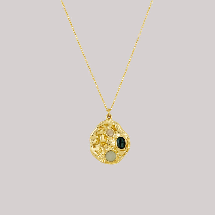 Textured Gemstone Coin Pendant | Gold