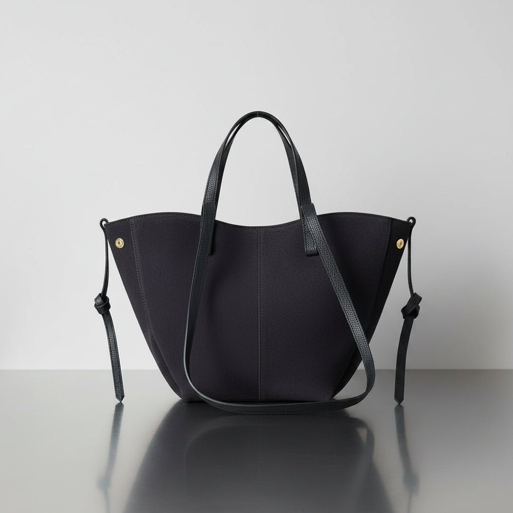 Navy Suede Tote Bag in a studio