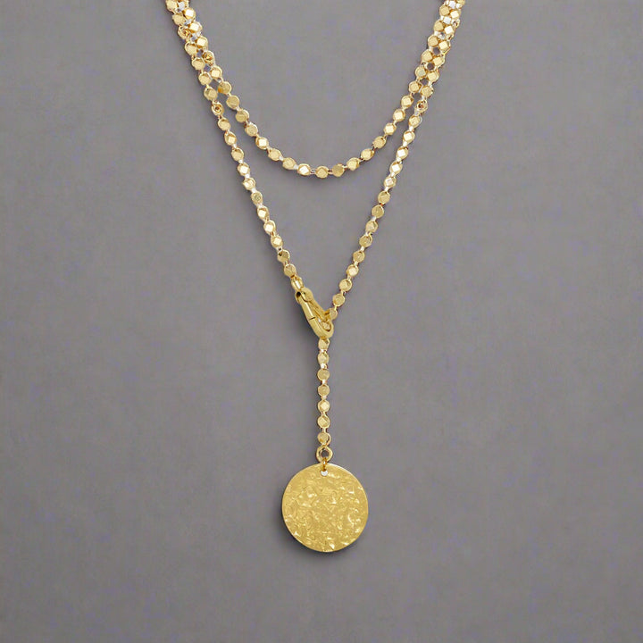 Magda Gold Long Coin Necklace with cube chain 