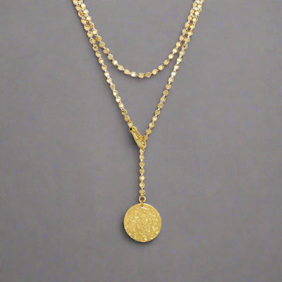 Magda Gold Long Coin Necklace with cube chain 