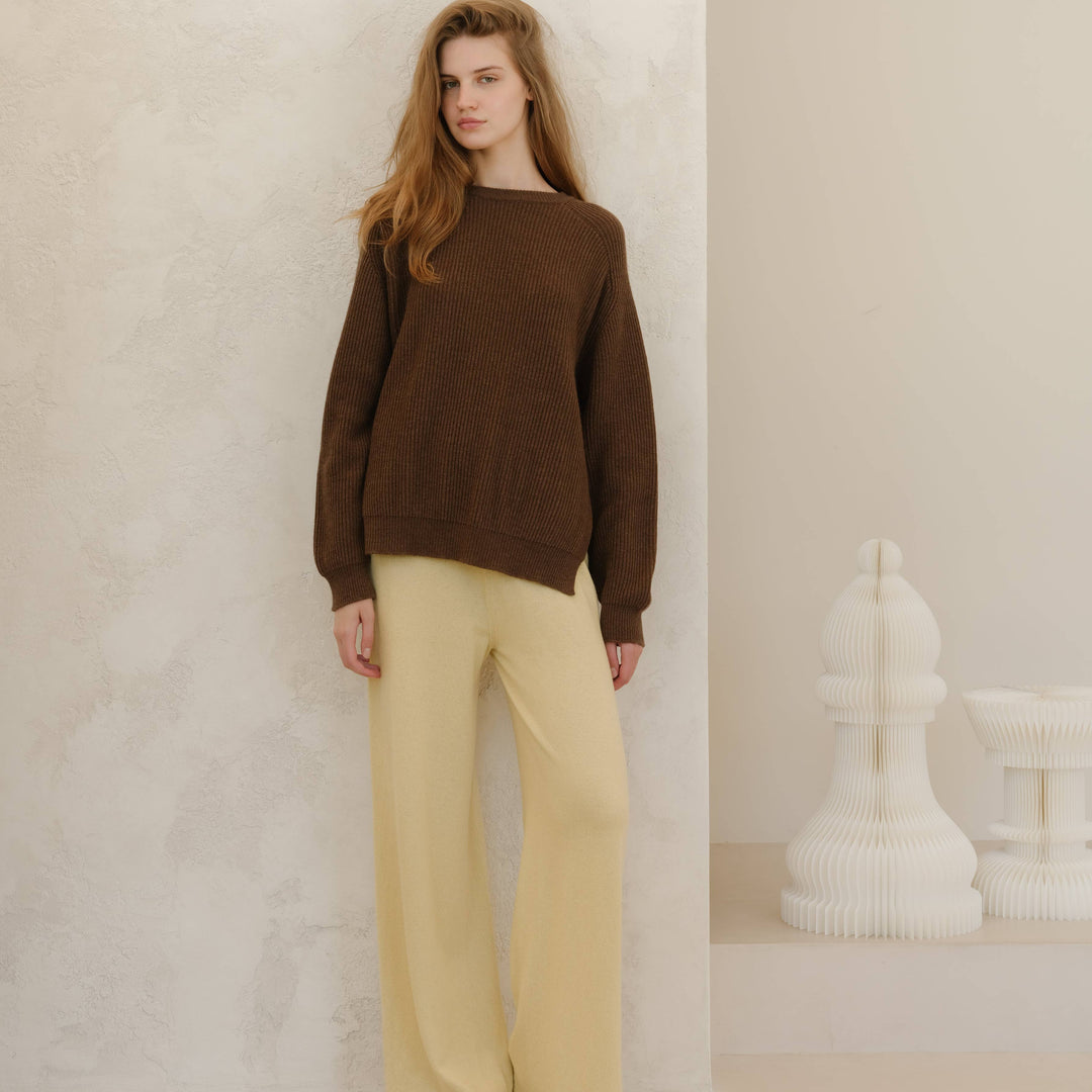 Chelsea Cashmere Mix Crewneck Ribbed Sweater | Tobacco