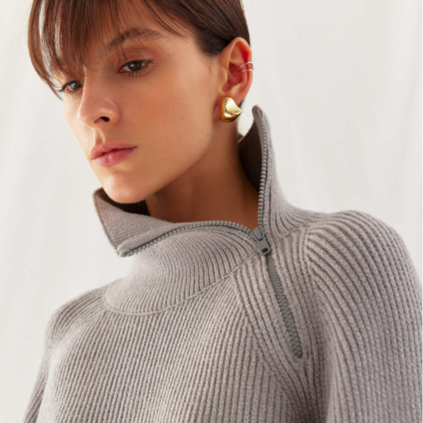 Fairburn High Neck Sweater with Sid Zip Collar  | Grey