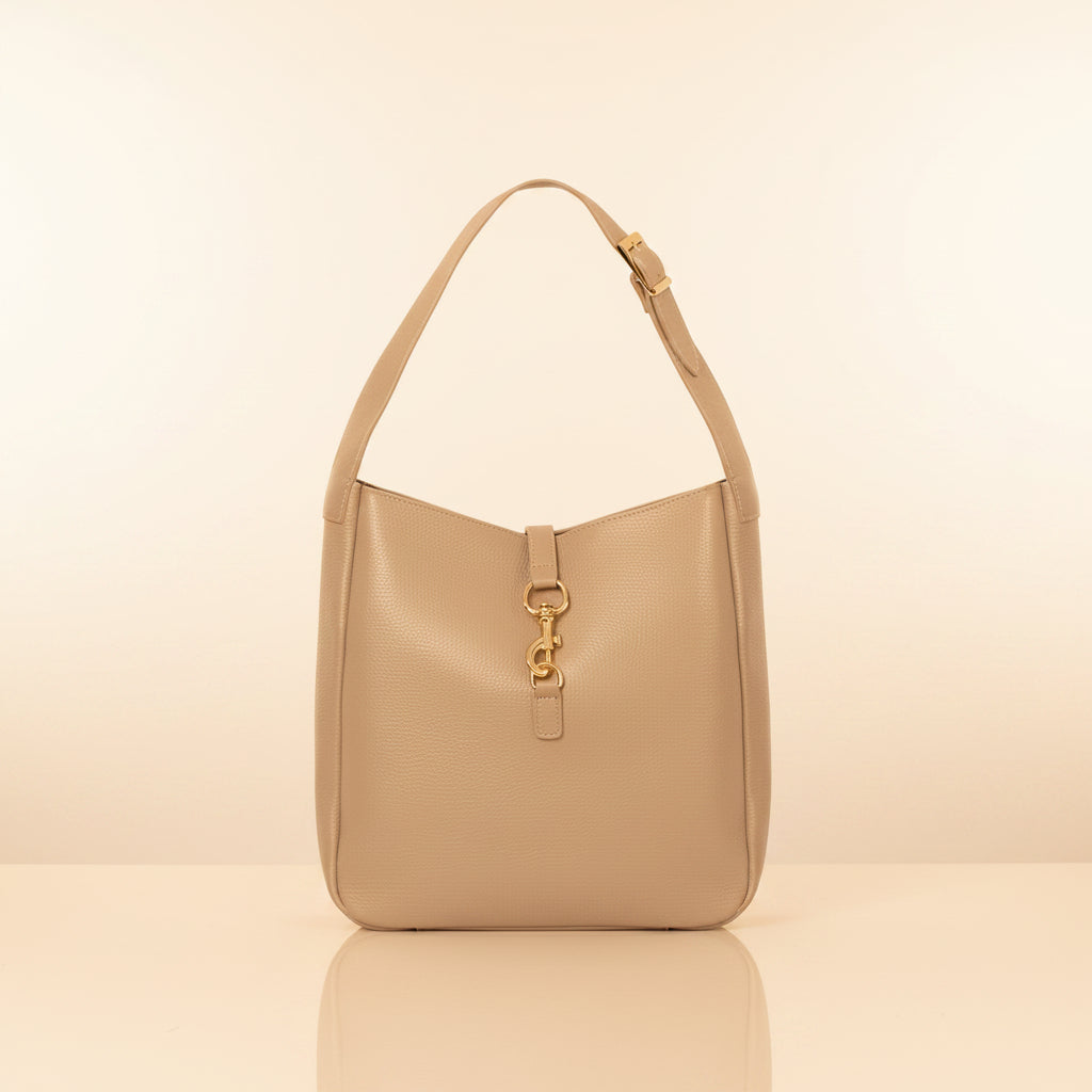 Beige Leather Hobo Shoulder Bag with gold hardware