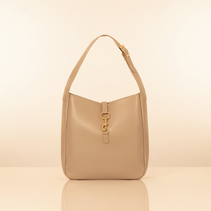 Beige Leather Hobo Shoulder Bag with gold hardware
