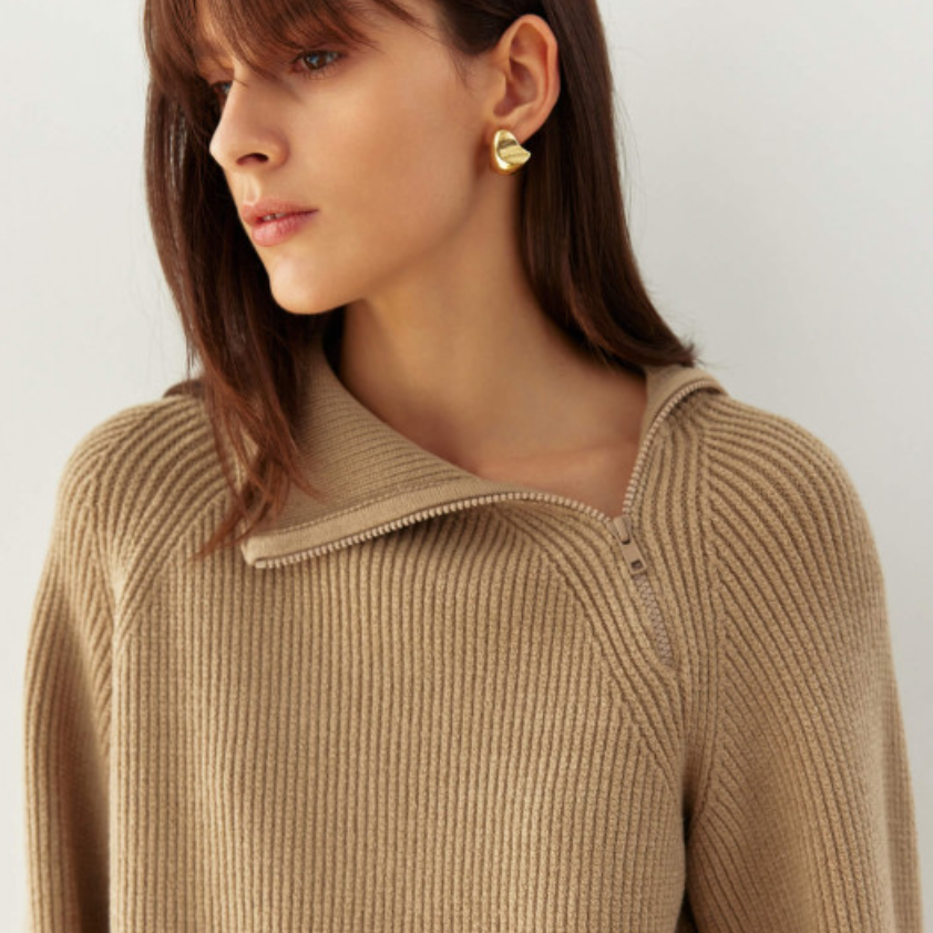 Fairburn High Neck Sweater with Sid Zip Collar  | Caramel