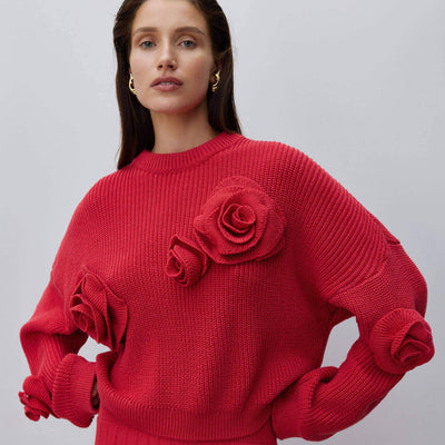 Audrey Luxury Rose Applique Women's Red Sweater