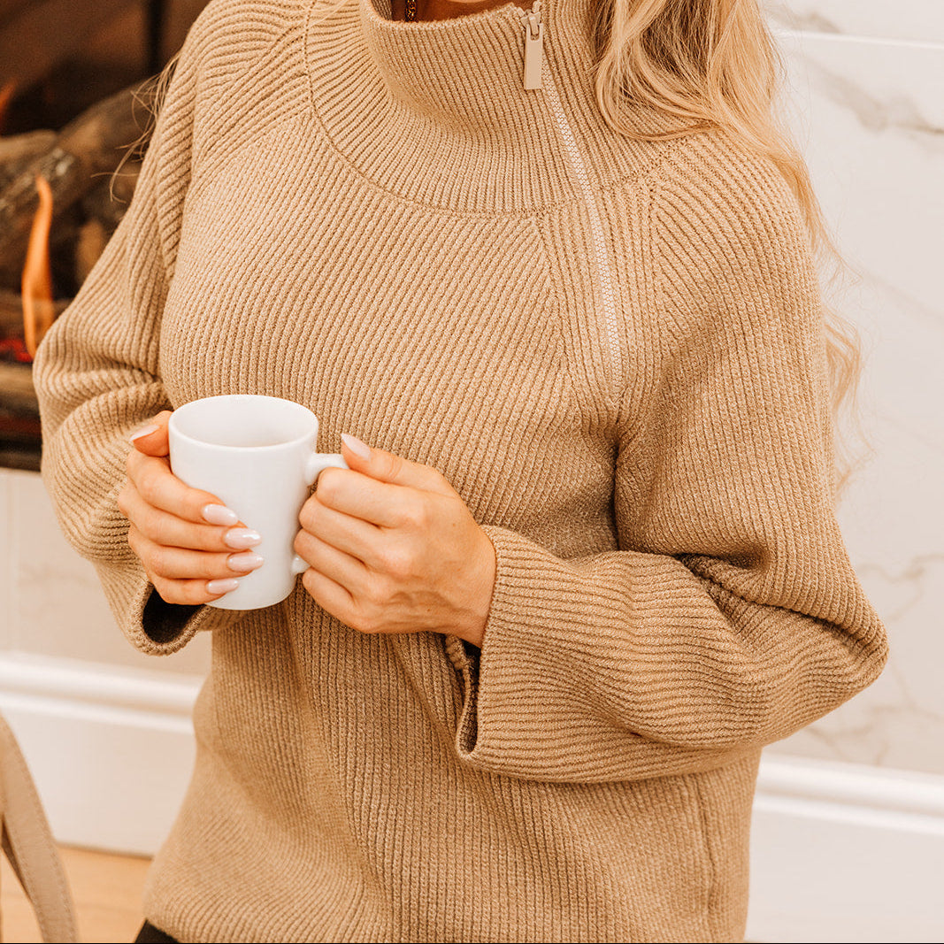 Fairburn High Neck Sweater with Sid Zip Collar  | Caramel