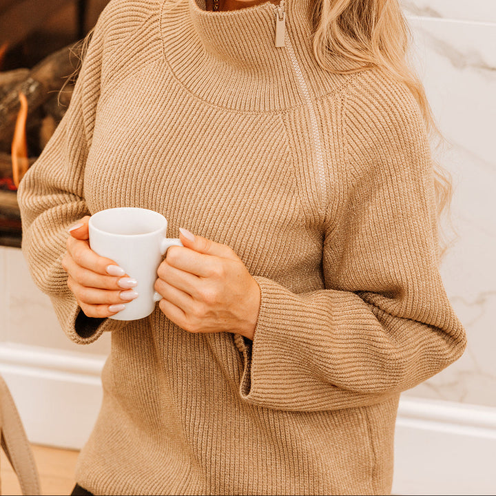 Fairburn High Neck Sweater with Sid Zip Collar  | Caramel