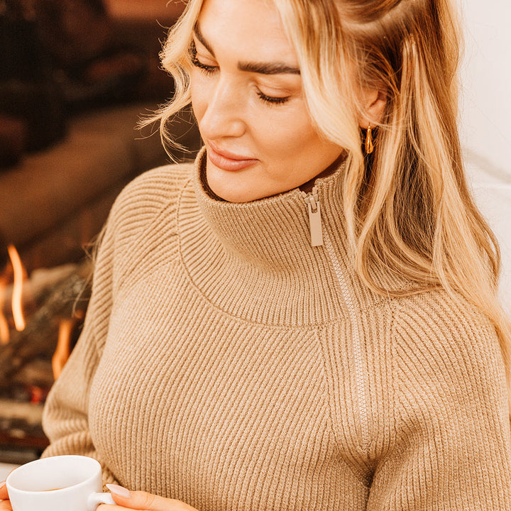 Fairburn High Neck Sweater with Sid Zip Collar  | Caramel