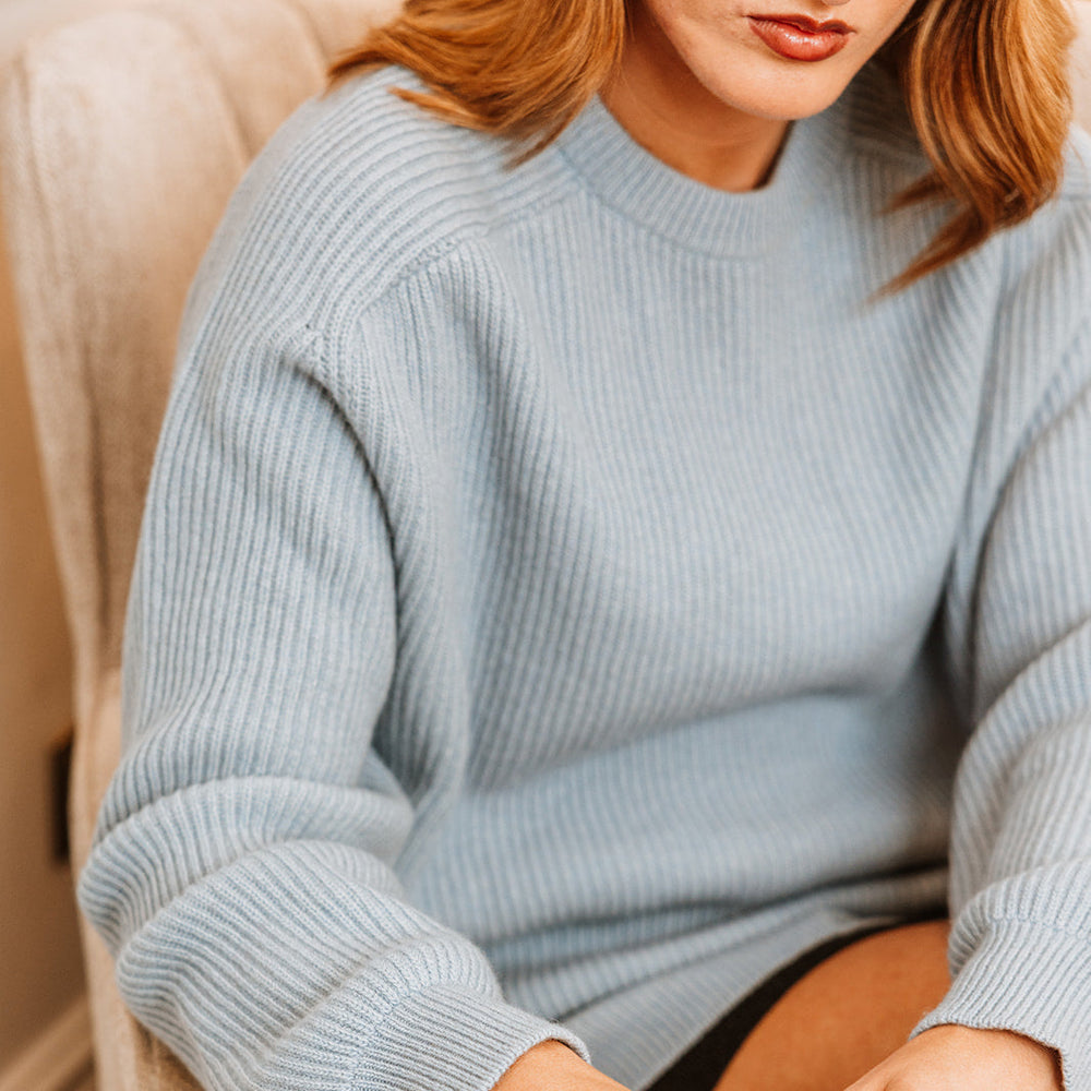 Chelsea Women's Blue Crew Neck Cashmere Sweater with ribbed design, saddle seaming and side slits