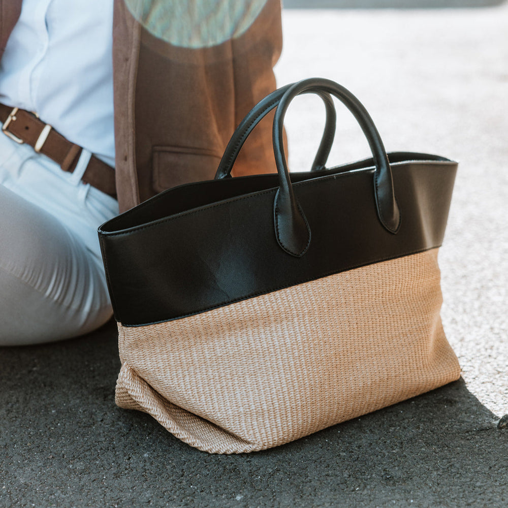 Cassie black and raffia large leather tote bag