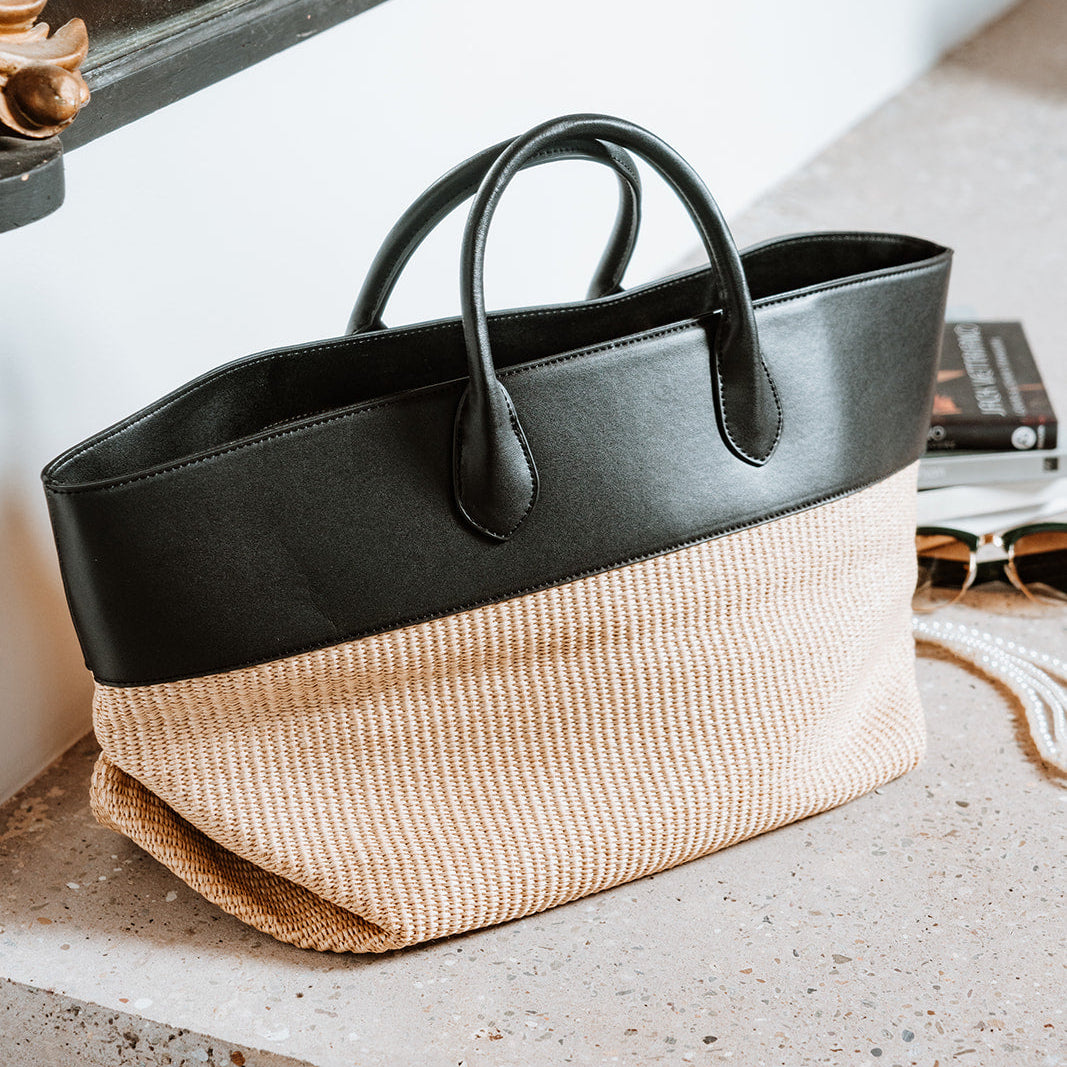 Cassie black and raffia large leather tote bag