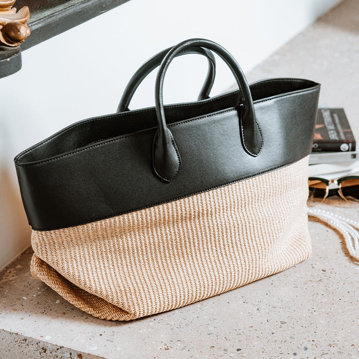 Cassie black and raffia large leather tote bag