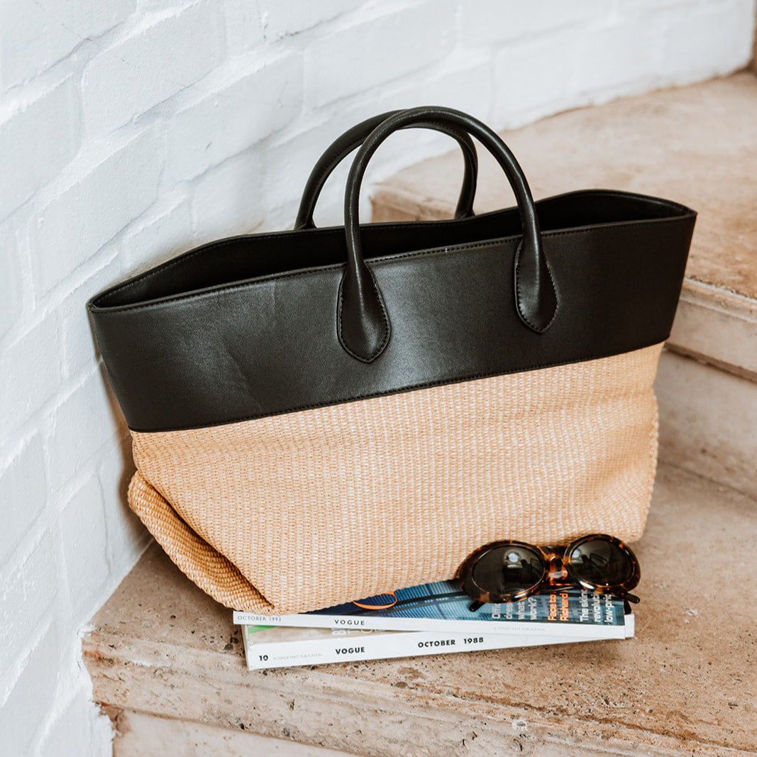 Cassie black and raffia large leather tote bag
