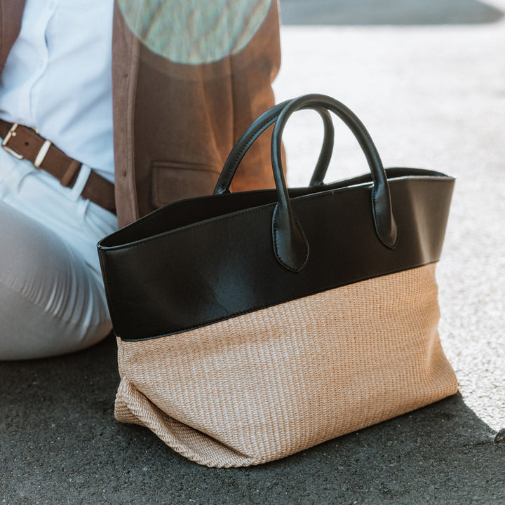 Cassie black and raffia large leather tote bag