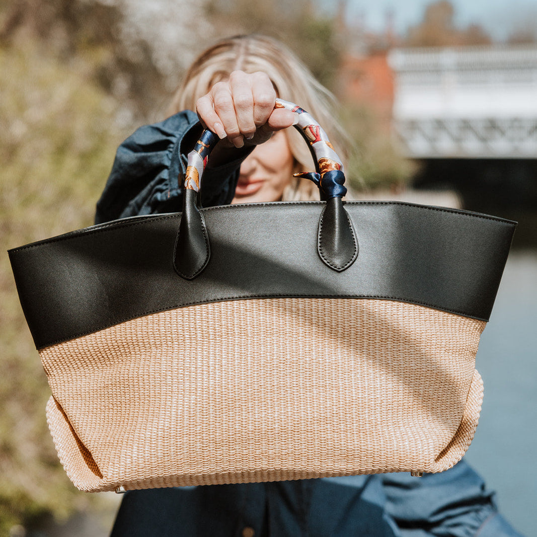 Cassie black and raffia large leather tote bag