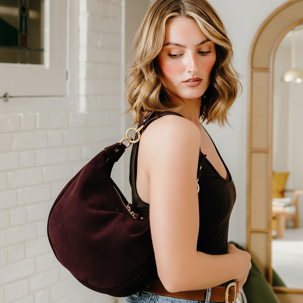 Chelsea Curved Suede Shoulder Bag | Burgundy