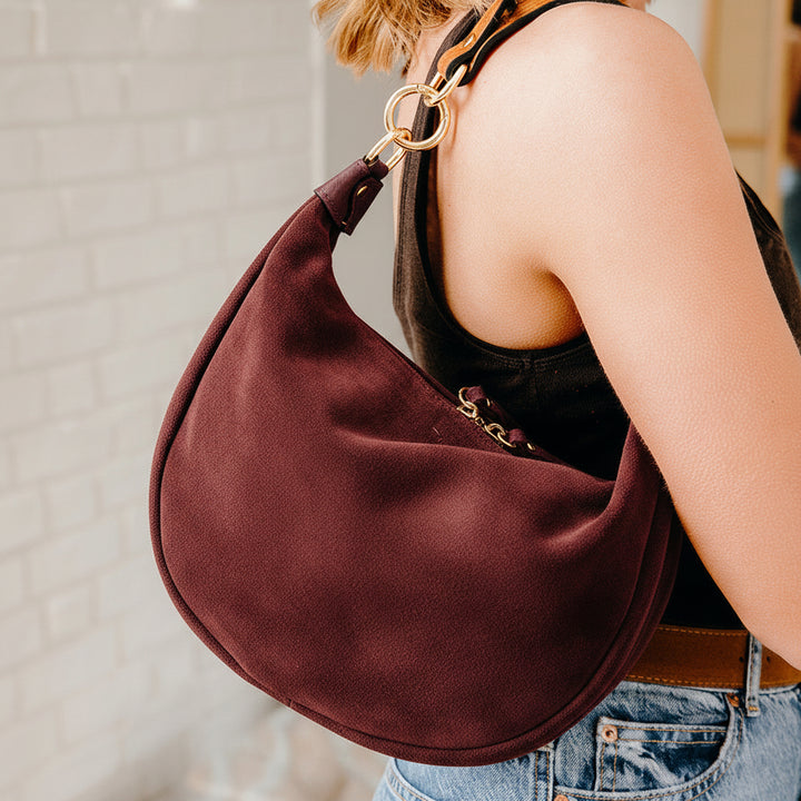 Chelsea Curved Suede Shoulder Bag | Burgundy