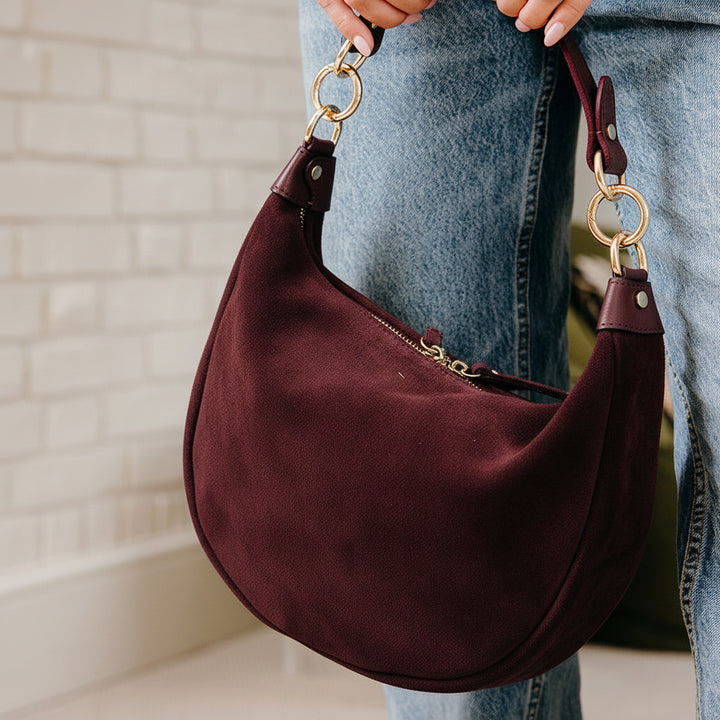 Chelsea Curved Suede Shoulder Bag | Burgundy