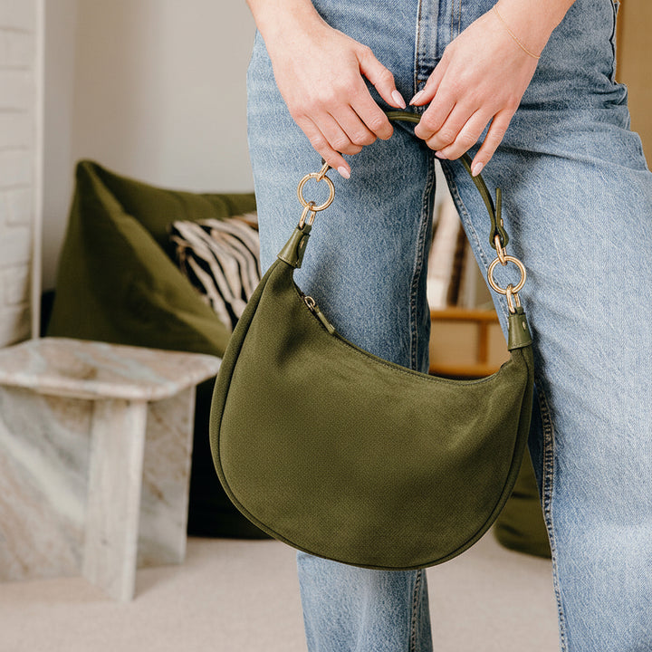 Chelsea Curved Suede Shoulder Bag | Olive