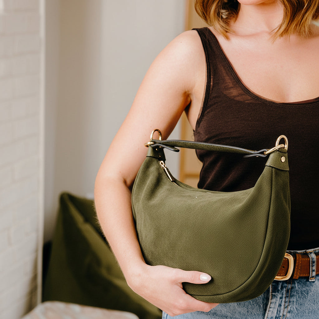 Chelsea Curved Suede Shoulder Bag | Olive
