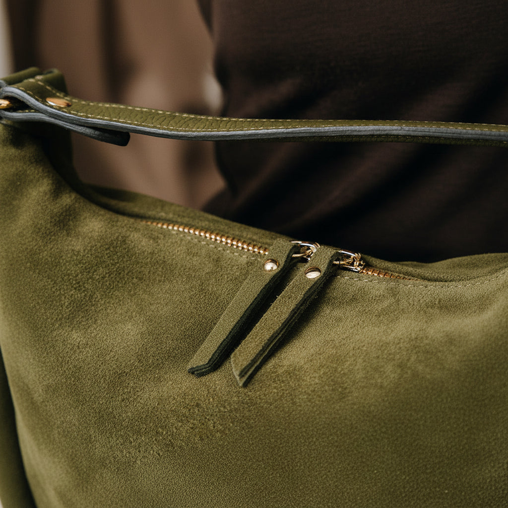 Chelsea Curved Suede Shoulder Bag | Olive