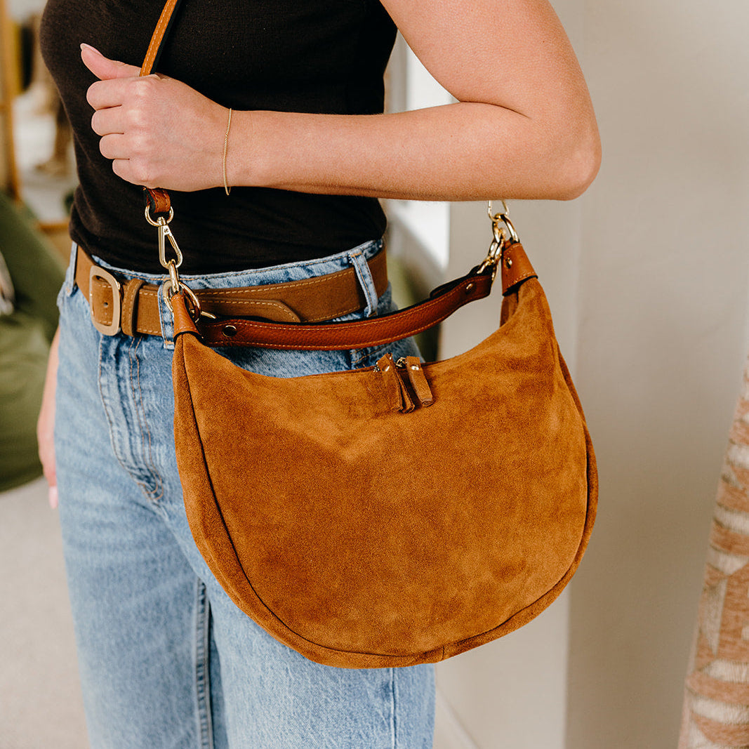 Chelsea Suede Curved Shoulder Bag | Dark Tan
