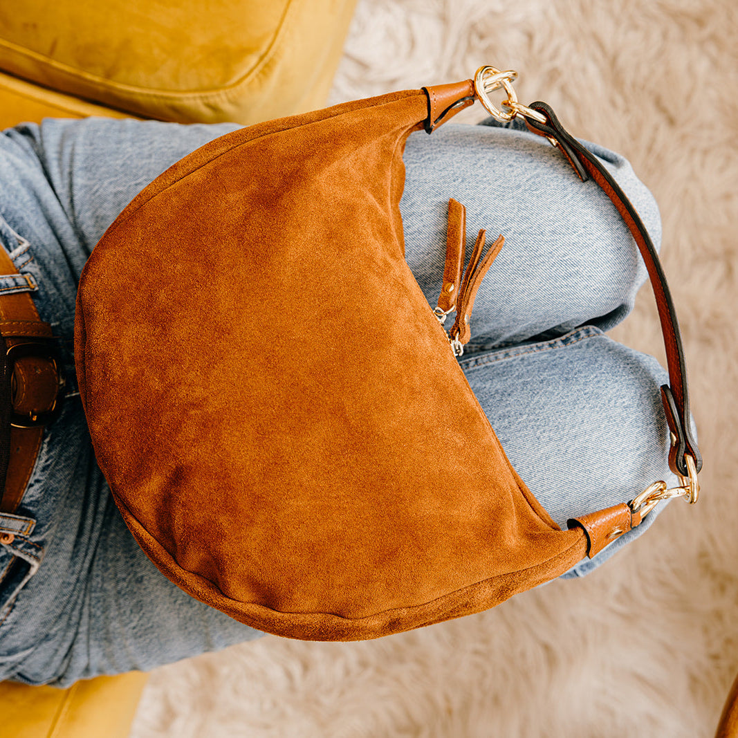 Chelsea Suede Curved Shoulder Bag | Dark Tan