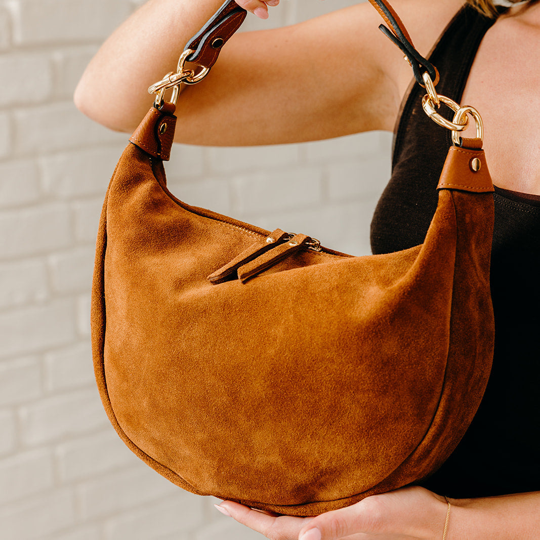 Chelsea Suede Curved Shoulder Bag | Dark Tan