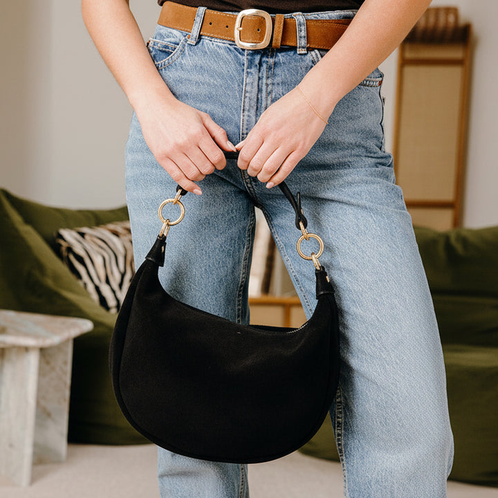 Chelsea Suede Curved Shoulder Bag | Black