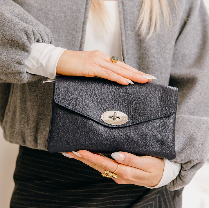 Marylebone Italian Leather Large Wallet on Chain | Navy