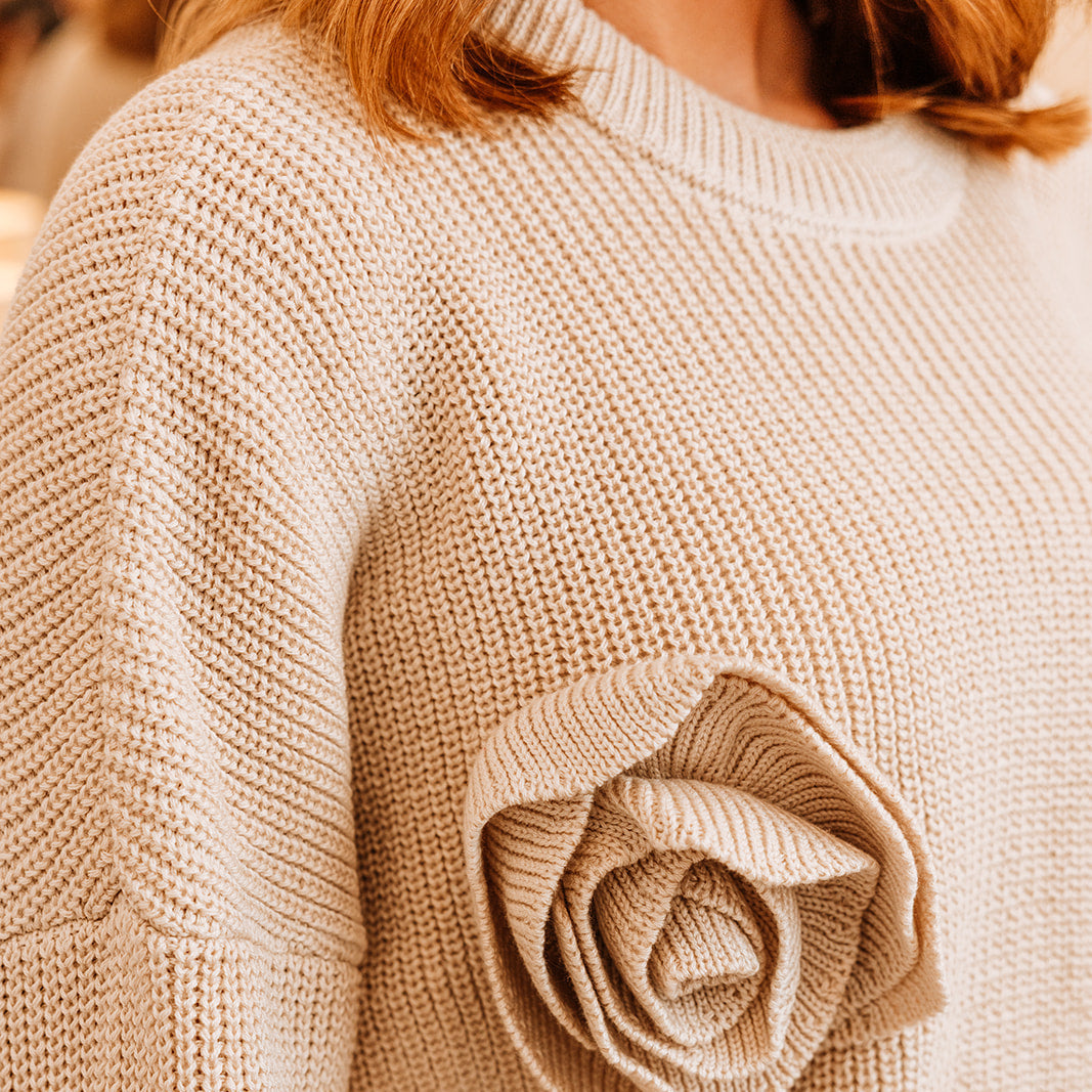 Audrey Luxury Ivory Rose Crew Neck Sweater | Cream