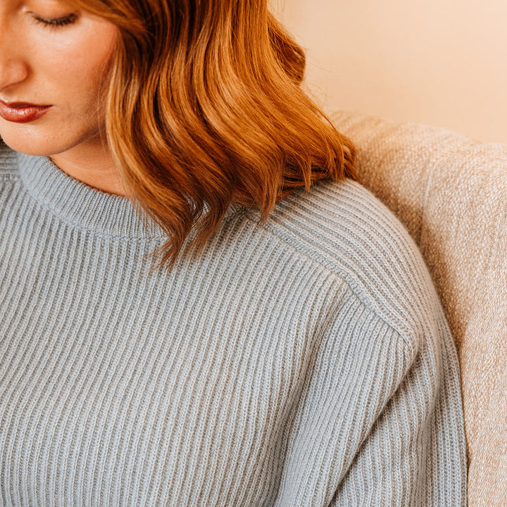 Chelsea Cashmere Mix Crewneck Ribbed Sweater with Side Slits | Dusty Blue