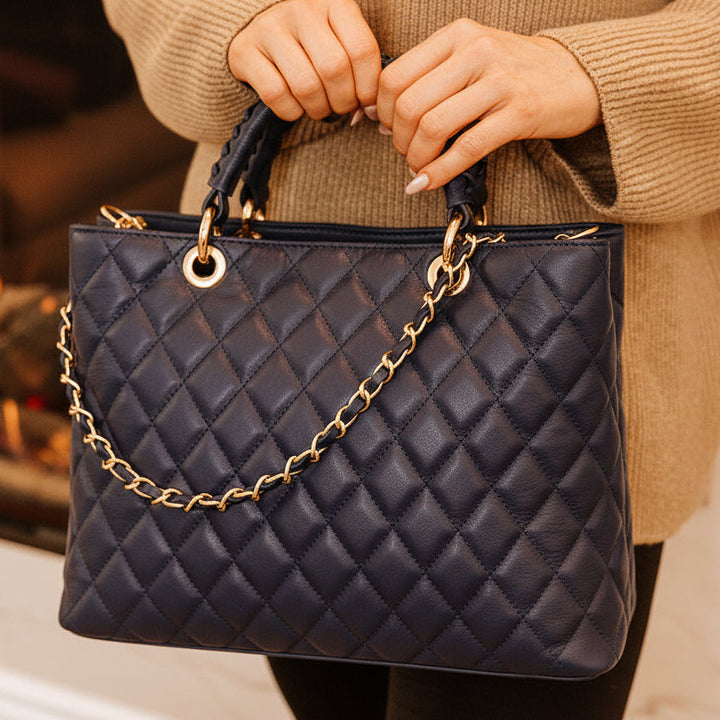 Kensington Italian Leather Quilted Tote Bag | Navy