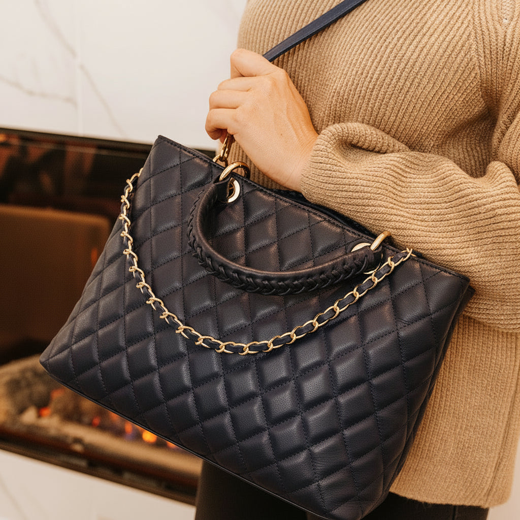 Kensington Italian Leather Quilted Tote Bag | Navy
