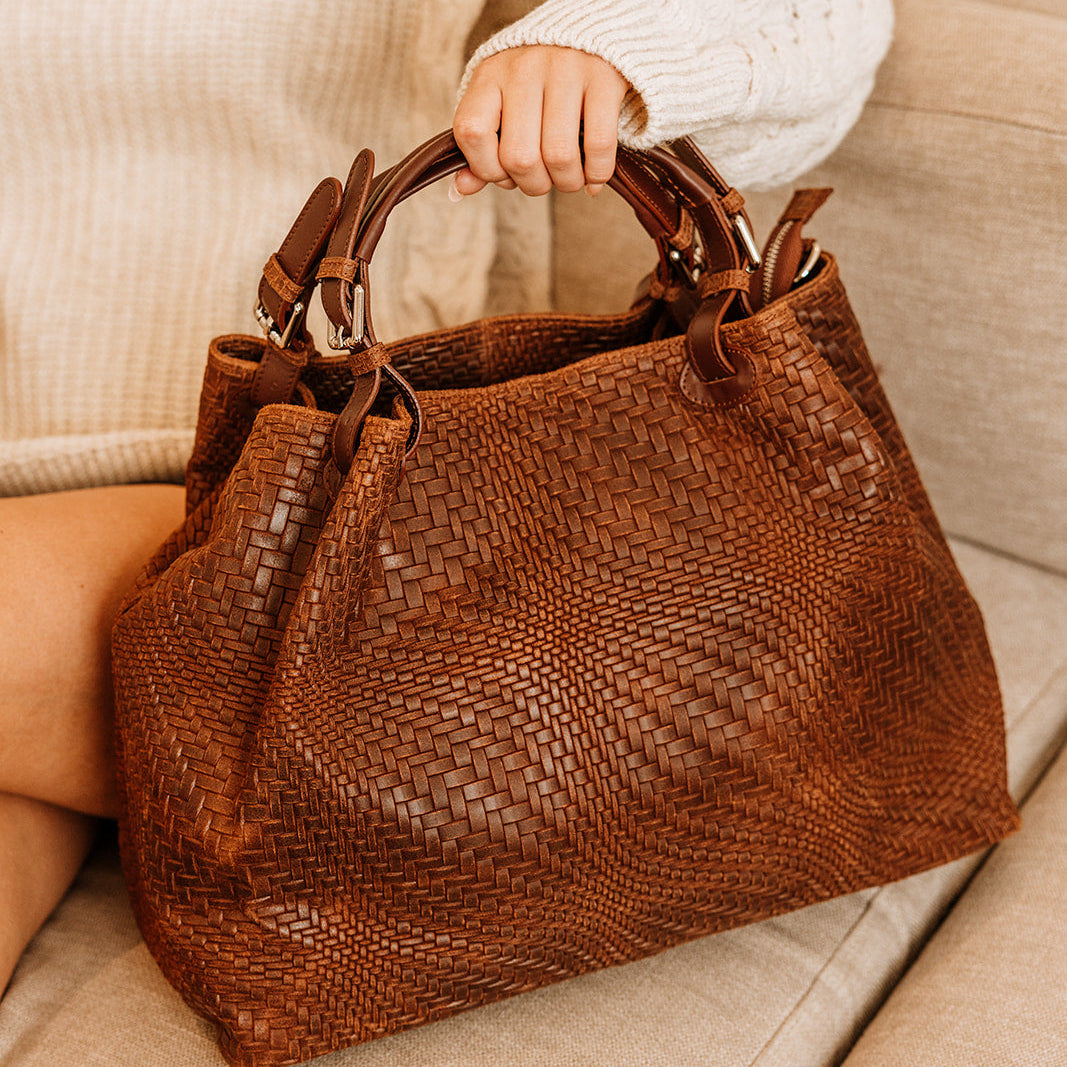 Marta Large Woven Leather Tote Bag | Cognac