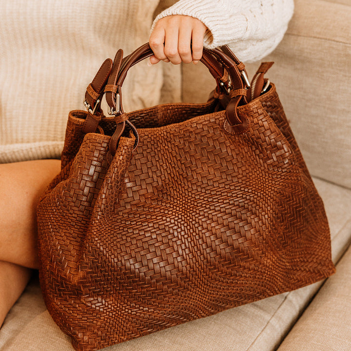 Marta Large Woven Leather Tote Bag | Cognac
