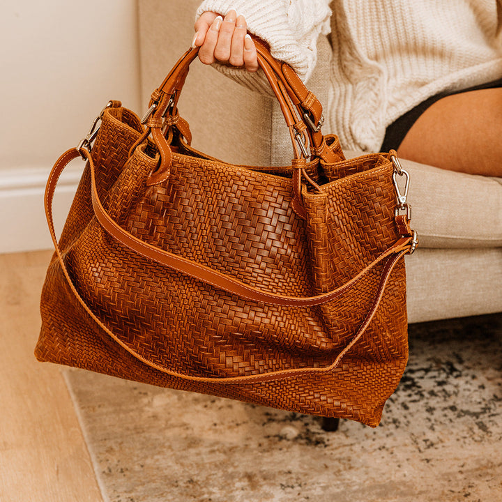 Marta Large Woven Leather Tote Bag | Cognac