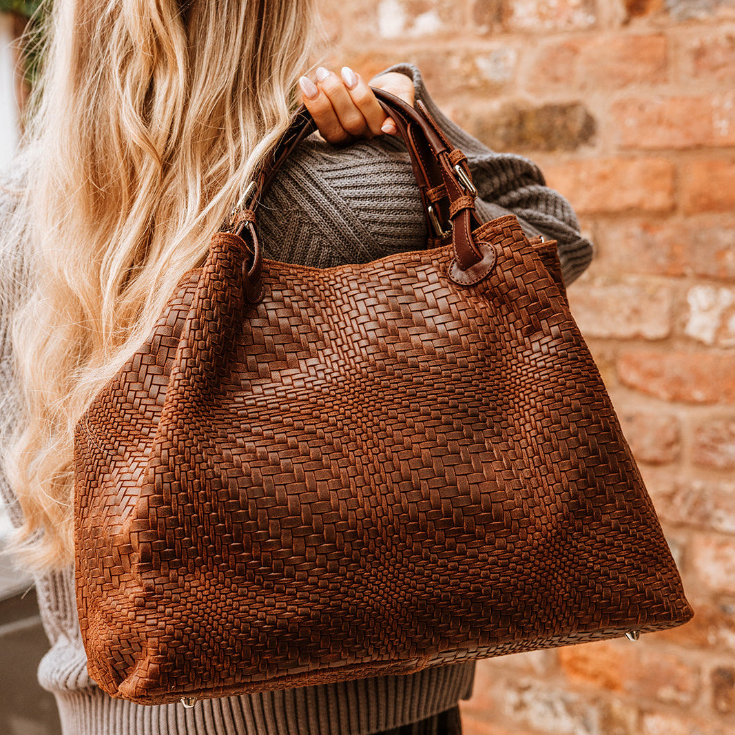 Marta Large Woven Leather Tote Bag | Tobacco