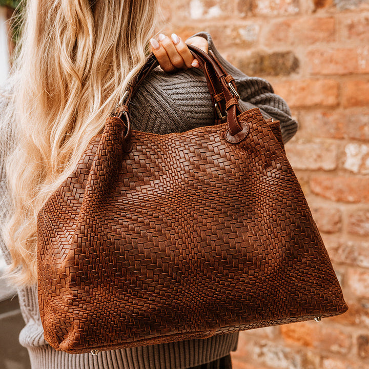 Marta Large Woven Leather Tote Bag | Tobacco