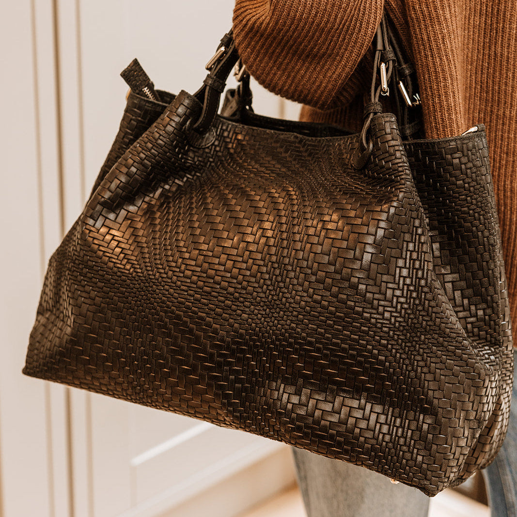 Marta Large Woven Leather Tote Bag | Black