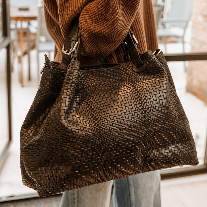 Marta Large Woven Leather Tote Bag | Black