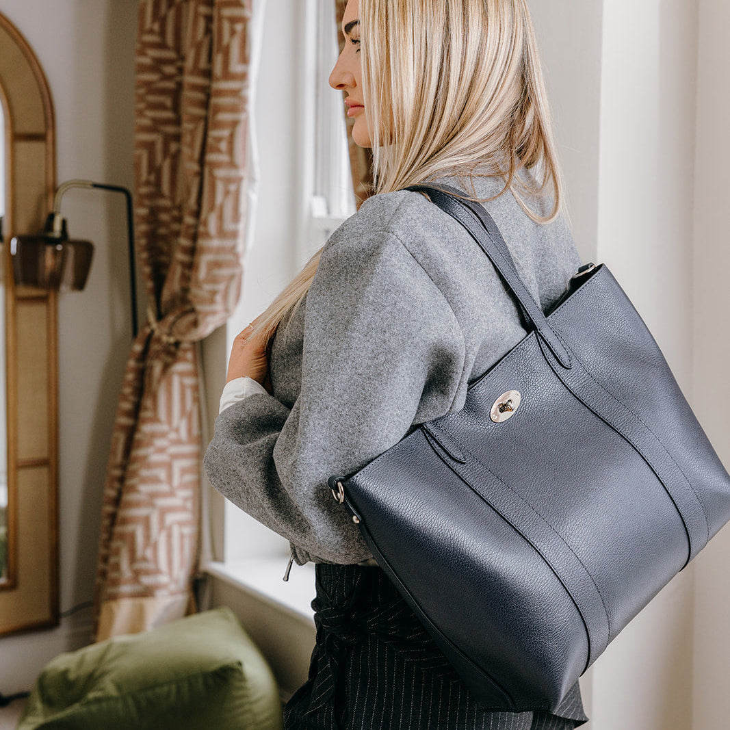 Marylebone Real Leather Large Classic Tote Bag | Navy