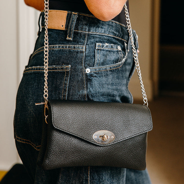 Marylebone Italian Leather Large Wallet on Chain | Black