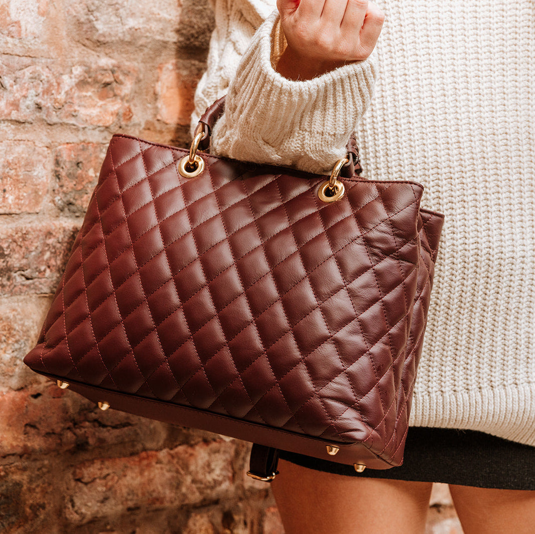 Kensington Italian Leather Quilted Tote Bag | Burgundy