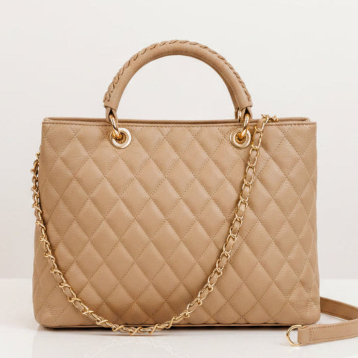 Kensington Italian Leather Quilted Tote Bag | Beige